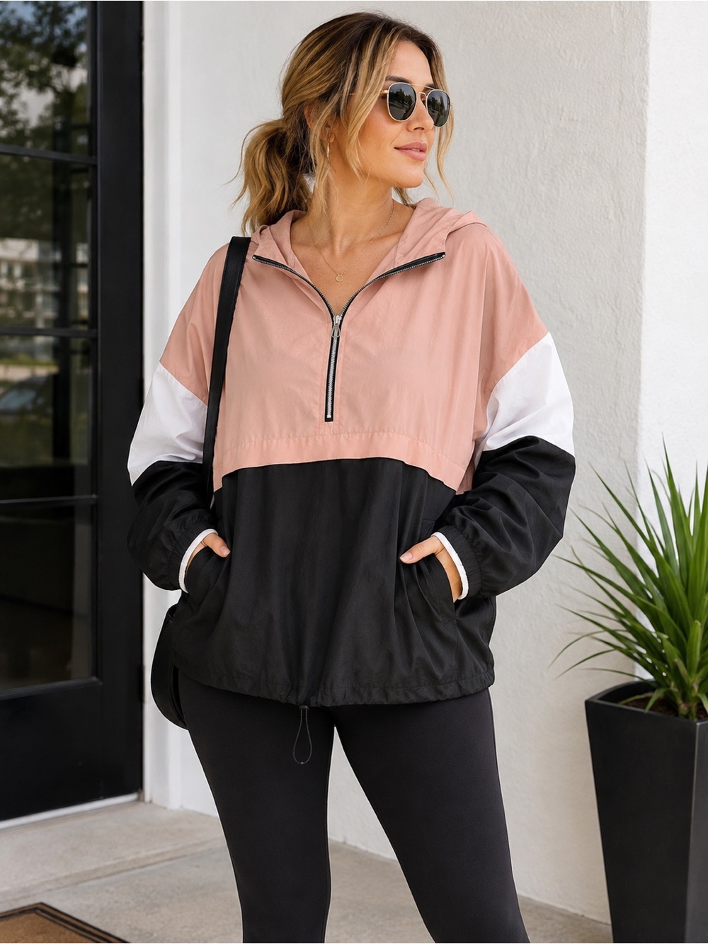 SHEIN Plus 3XL Pink Black Colorblock Hooded Windbreaker Jacket